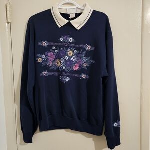 Navy Floral Crewneck Sweater with Collar